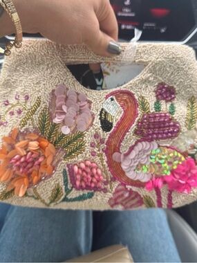 Embroidered Beaded Flamingo Clutch - Pink & Cream